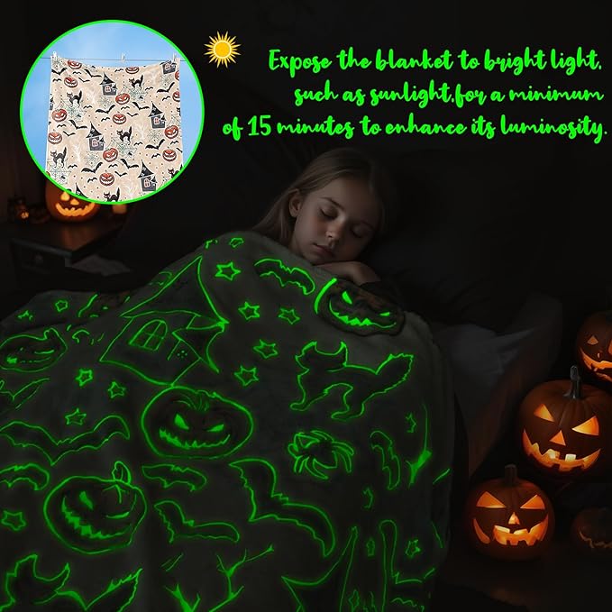 Halloween Pumpkin Blanket Kids Glow in The Dark Blanket Black Cat Halloween Decor Gifts for Women Boys Girls 50"x60"