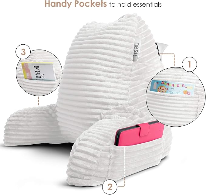 Nestl Reading Pillow with Portable Lap Desk Stand for Laptop 22x14”, Cut Plush Striped Back Pillow, Back Support Pillow, Shredded Memory Foam Bed Rest Pillow with Arms for Kids & Teens, Medium - White