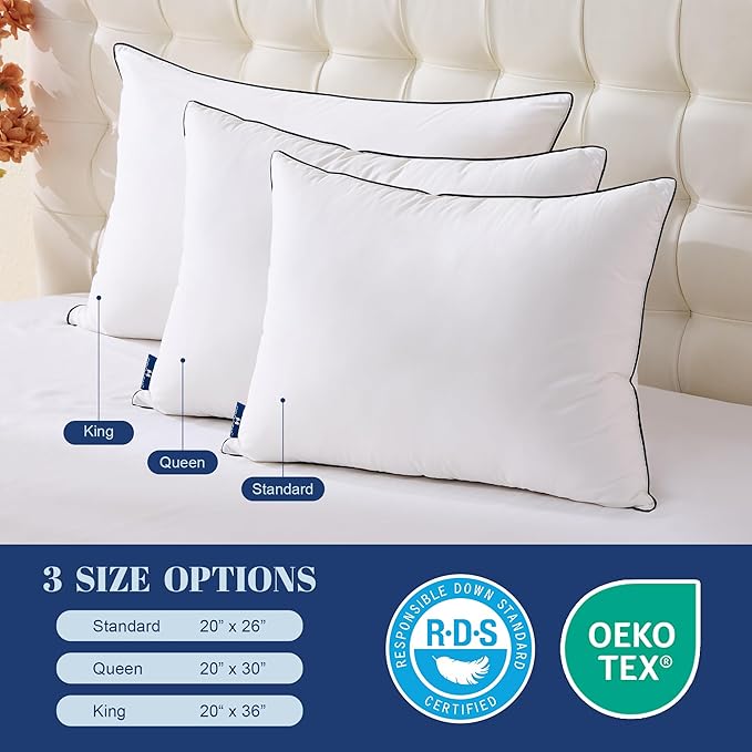 Goose Down Pillows Queen Size Set of 2, Luxury Hotel Collection Bed Pillow 2 Pack, Airyfil™ Powered Fillings & Feather Pillow，Soft Fluffy for Side, Back, Stomach Sleepers 20"x30"