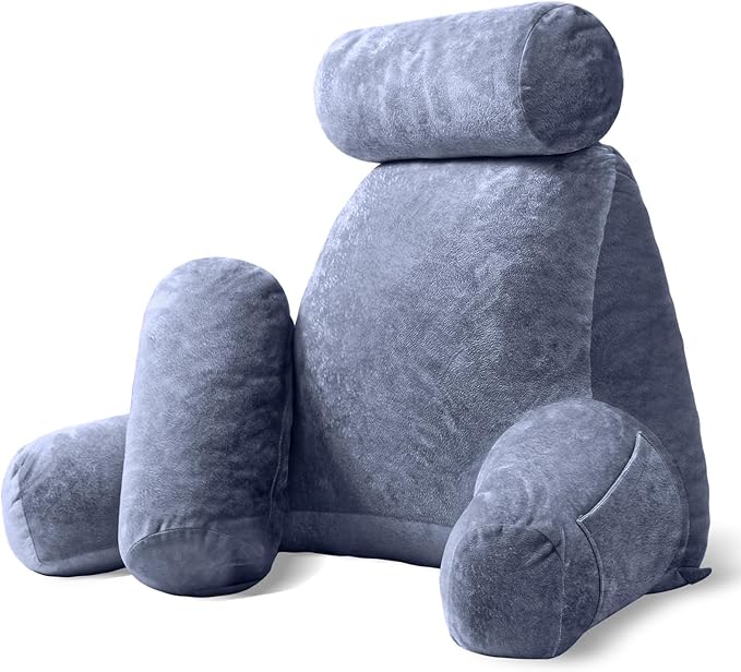 Sasttie Reading Pillow for Sitting in Bed Adult, Extra Large Back Pillow for Bed, Backrest Pillow with Detachable Head Support Cushion, College Dorm Essentials for Girls and Boys, Grey Purple