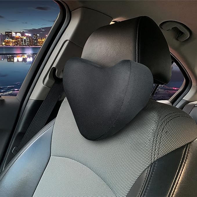 Travel Car Headrest Pillow, 100% Pure Memory Foam Car Pillow for Driving with Adjustable Strap, Breathable Removable Cover & Ergonomic Design - Softness Car Neck Support Pillow(Black, LOVE SHAPE)