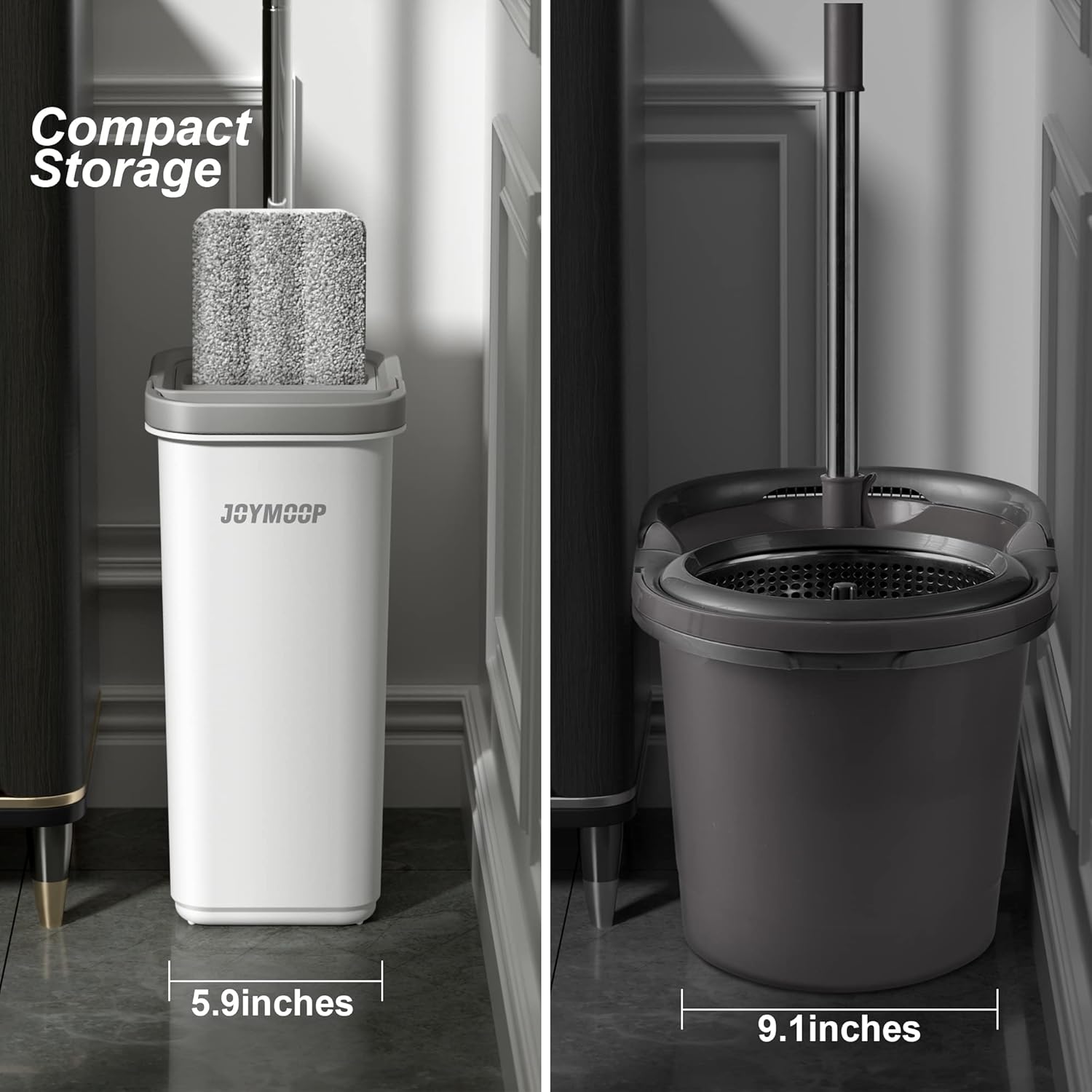 JOYMOOP Mop and Bucket with Wringer Set, Hands Free Flat Floor Mop and Bucket, 60" Mop with 6 Reusable Microfiber Pads, Wet and Dry Use, Floor Cleaning System