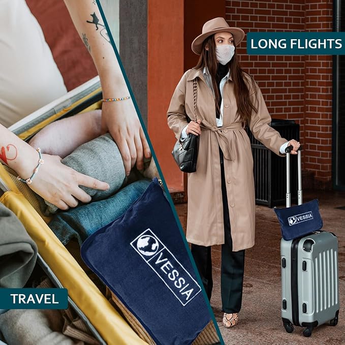 Vessia Travel Blanket for Airplane, Train and Car, Warm and Soft Travel Blanket in Bag for Adults and Kids, Portable Compact Long Flight Blanket with Luggage Sleeve, Backpack Clip(Navy)