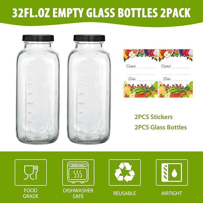 32oz Glass Juice Bottles with Lids 2Pack,Reusable Square Glass Milk Bottle with Lid,Clear Empty Glass for Beverages, Jams, Kombucha, Milkshakes,Oils(32fl.oz,Set of 2)