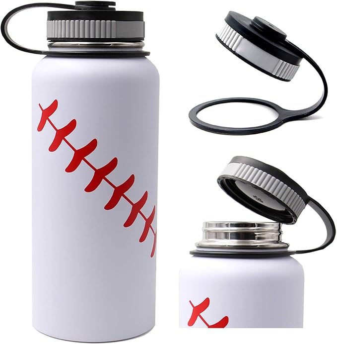 32 oz Baseball Water Bottle, Wide Mouth Sports Flask Metal Travel Tumbler with 2 Lids 18/8 Stainless Steel Double Wall Vacuum Insulated (32oz, White baseball)