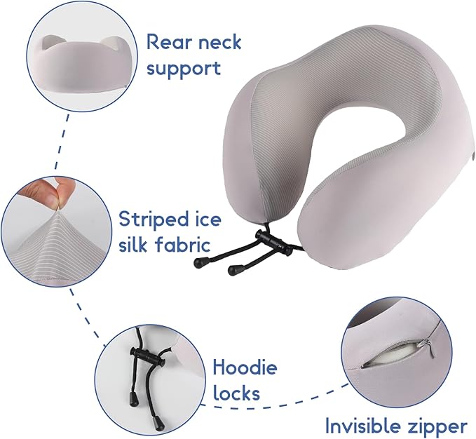 Travel Neck Pillow, Curved Ergonomic Design, Ice Silk Fabric is Comfortable and Breathable, The Pillowcase is Removable. Comes with Portable Storage Bag and Ear Plugs