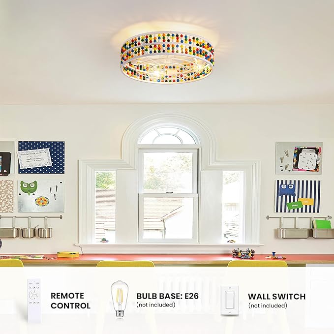 Moooni Colorful Wood Beaded Ceiling Fan with Light 19 inch Boho Wood Beaded Fandelier 6 Speed Flush Mount Ceiling Fan with Light Boho Fandelier