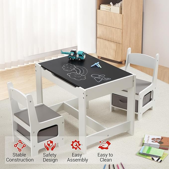 4-in-1 Kids Activity Table Set, Kids Table and Chair Set with/Storage, Removable Tabletop, Chalkboard, 3-Piece Toddler Furniture Set for Art, Crafts, Drawing, Reading, Playroom