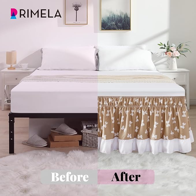 RIMELA Camel Elastic Bed Skirt King Szie 14 inch Drop, Cal King Bedskirt Easy to Put On, Solid Wrap Around Dust Ruffle, Fade Resistant Silky Fabric Machine Washable