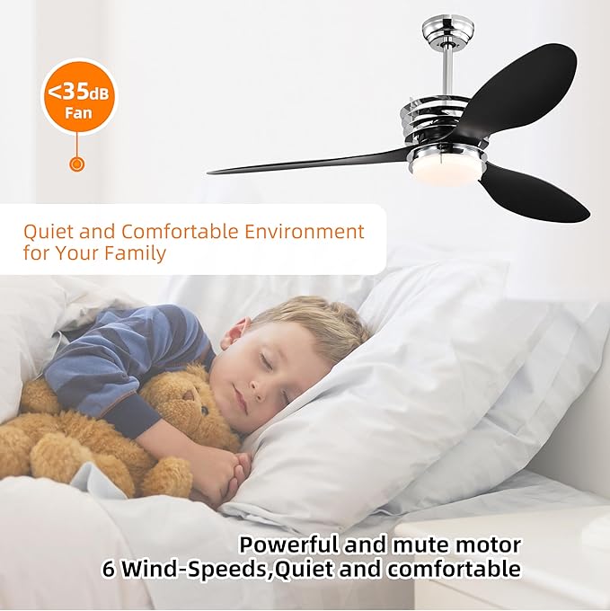 NicBex Ceiling Fan 52 Inch Ceiling Fan with Lights Ceiling Fans with 3 ABS Blades and Remote Control DC Motor Ceiling Fan with Down Rod Mount for Bedroom, Living Room, Black