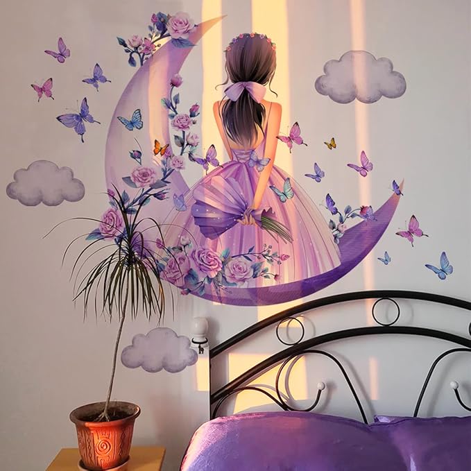 2 Sheets Princess Wall Decals Girls Room Purple Rose Floral Wall Stickers Removable Fariy Wall Decals Peel and Stick Butterfly Room Decor for Girls Bedroom Office Kids Nursery with Moon & Clouds