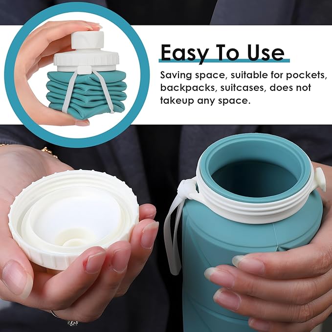 23oz Collapsible Silicone Water Bottle, BPA Free, Portable for Hiking, Travel, Camping, Yoga, Foldable, Leakproof, Lightweight, 690mL