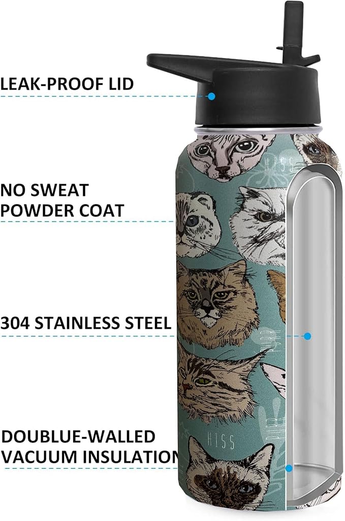 32 oz Cat Water Bottle Insulated Vacuum Stainless Steel Sports Water Bottle with 2 Lids (Straw and Spout Lid) for Gym Camping Hiking