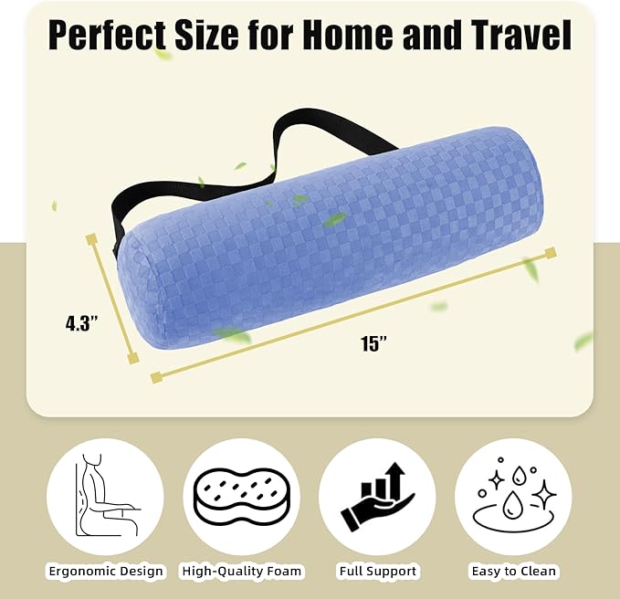 Lumbar Roll Pillow for Lower Back, Lumbar Support Foam Roll Cushion with Pillowcase and Upgraded Strap for Office, Chair, Car, Seat Pain Relief & Improving Posture (Light Blue, Long-15*4.3'')