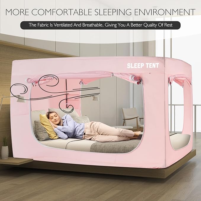 BORNA Bed Tent Twin Bed Canopy for Indoor Portable Light Reducing Sleeping Canopy for Kids and Adult,Bunk Blackout Tents Breathable Privacy Space Tent Mosquito Netting for Bed(Macaron Pink)