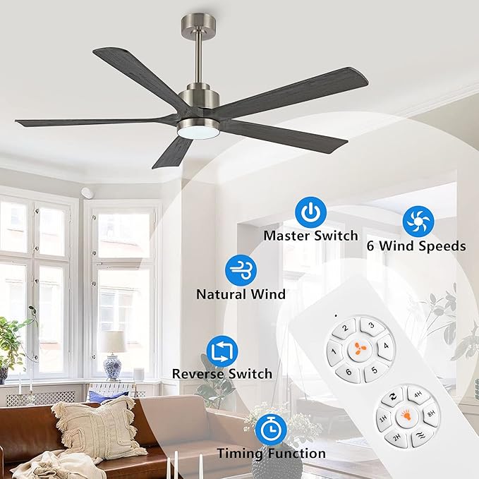 60" Modern Ceiling Fan with Lights and Remote Control, 5 Solid Wood Blades 6-Speed Noiseless Reversible DC Motor, Ceiling Fan for Bedroom Dinning Living Room, Nickel Finish with Wood Blades