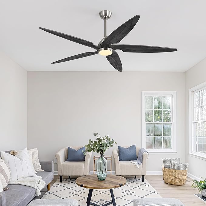 Modern Ceiling Fan with Lights and Remote, 5 Solid Wood Reversible Blades, 6-Speed Noiseless DC Motor with Replaceable Downrods for Bedroom Living Room Dining Room (Nickel and Gray, 64")
