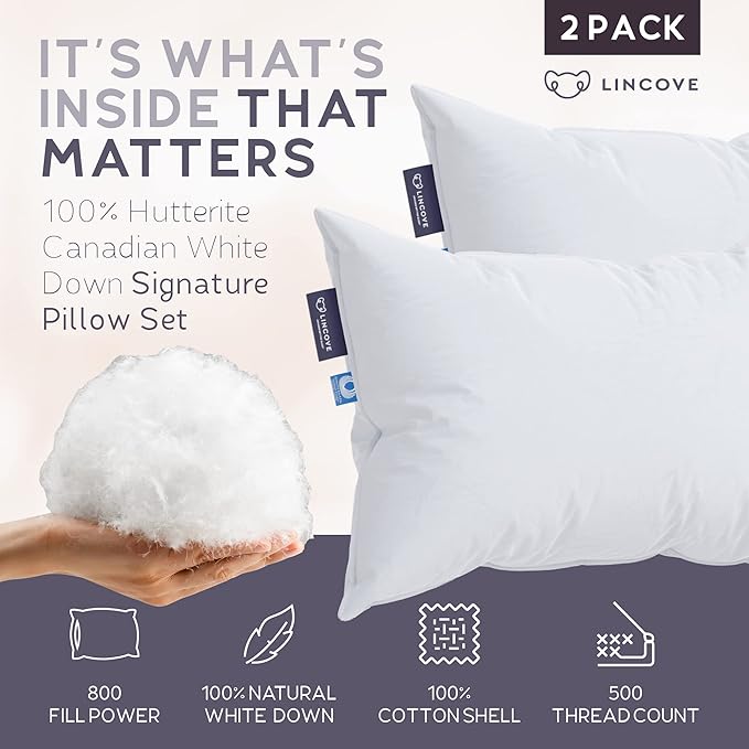 Lincove Signature 100% Natural Canadian White Down Luxury Sleeping Pillow - 800 Fill Power, 500 Thread Count Cotton Shell, Made in Canada, Queen - Firm, 2 Pack