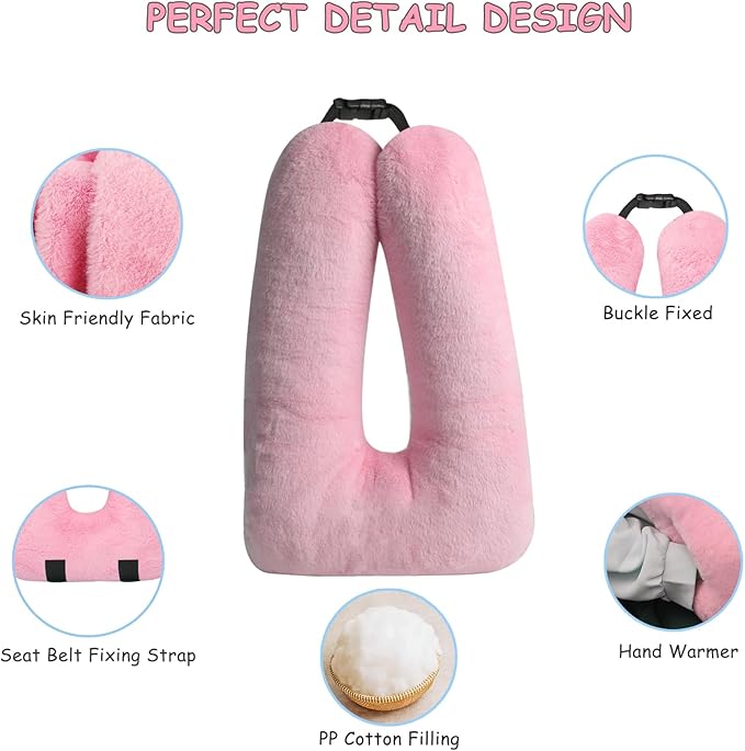 Kids Travel Pillow for Car Seat with Hand Muff, Cartoon Neck & Headrest Seat Belt Pillow for Car Road Trips Long-Distance Travel Sleeping Pillow for Adults and Children, Pink