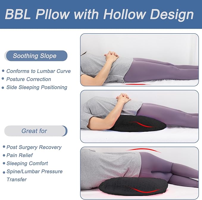 BBL Pillow After Surgery, BBL Pillow for Sitting Sleeping Driving, Hemorrhoid Pillow Seat Support Cushio for Butt with Hole, Butt Donut Pillow for Woman (Black)