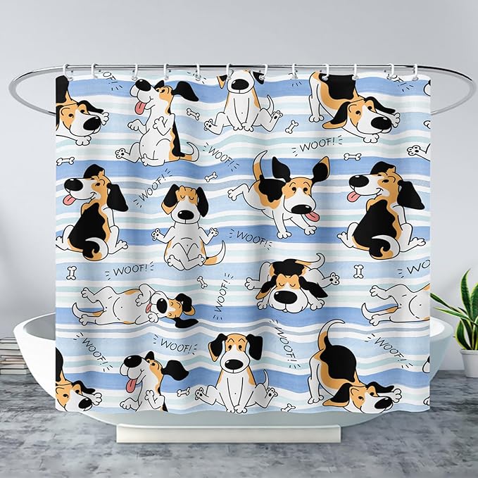 AILONEN Cartoon Dog Shower Curtain,Funny Beagle Active Dog Printed Shower Curtain, 48" W*72" H Waterproof Happy Cartoon Pet Dog Curtain with Grommets and 12 Hooks