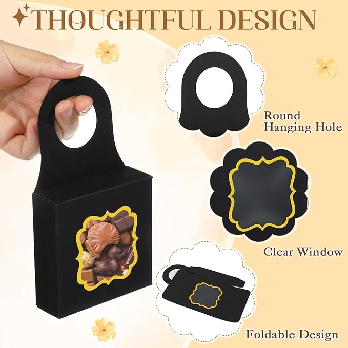 40PCS Wine Bottle Box with Window, Megitzuu Kraft Paper Wine Boxes for Gifts Hanging Wine Treat Box Mini Charcuterie Boxes Empty Champagne Bottles Gold Foil Gift Box Hanger Candy Box for Party (Black)