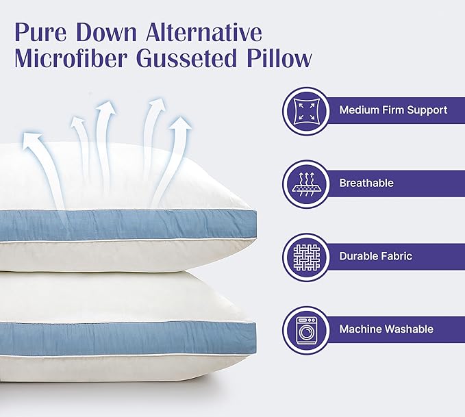 ROYALE LINENS Pillows Standard Size Set of 2 -Bed Pillows for Sleeping - Cooling Pillow for Back, Stomach or Side Sleepers - Down Alternative Gusseted Pillows -Hotel Quality (20x26 Inches, Pack of 2)