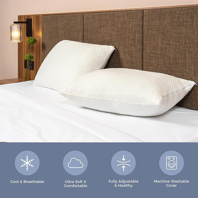 Shredded Memory Foam Pillows for Sleeping 2 Pack - Cooling Bed Pillows Queen Size Set of 2 - Medium Frim Gel Pillows for Side & Back Sleeper with Washable Removable Cover