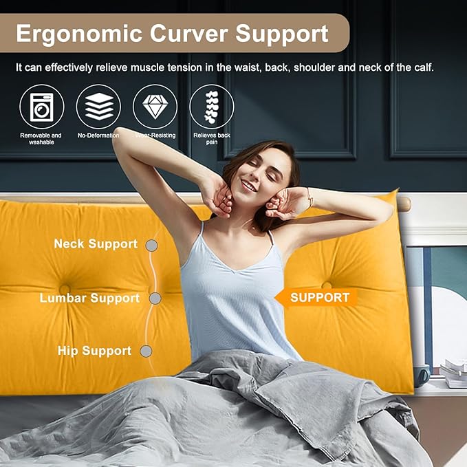 Large Triangular Headboard Pillows Long Backrest Positioning Support Bolster Cushion for Daybed Fluffy Quality Plush Body Wedge Pillow with Removable Cover(Light yellow-Full-54x8x20in)