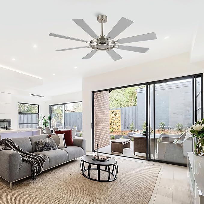 60 Inch Ceiling Fan without Lights, Wood 8 Blades 6-Speed Noiseless Reversible DC Motor, Modern Large Remote Control Ceiling Fan for Bedroom Dining Living Room, Nickel Finish+Silver
