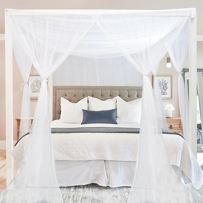 South to East White Canopy Bed Curtains, 4 Corner Post Bed Canopy, Top Elegant Bed Drapes for Bedroom Decor, 75D Polyester Mesh, 4 Openings, Easy Install, Bed Curtain for King/Queen Size