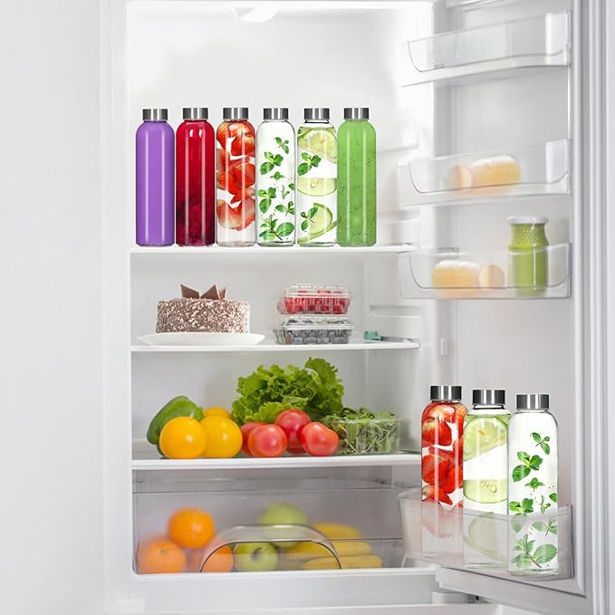 12 Pack 18oz Clear Glass Water Bottles, Juice Bottle with Stainless Steel Lid, Reusable Refillable Bottles for Storing Beverages Juice