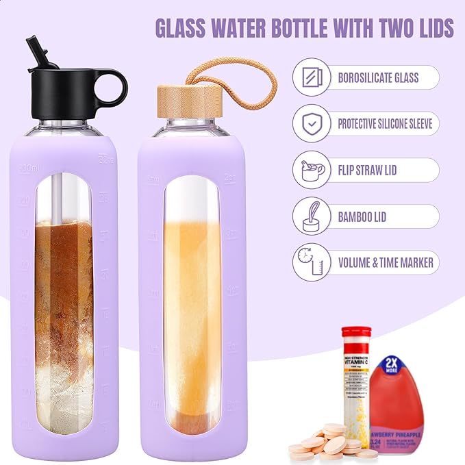 32oz Glass Water Bottle With 2 Lids-Flip Straw Lid, Bamboo Lid, Glass Water Bottle With Silicone Sleeve, Motivational Time Marker, Glass Juice Bottle for Cold Drink,Purple