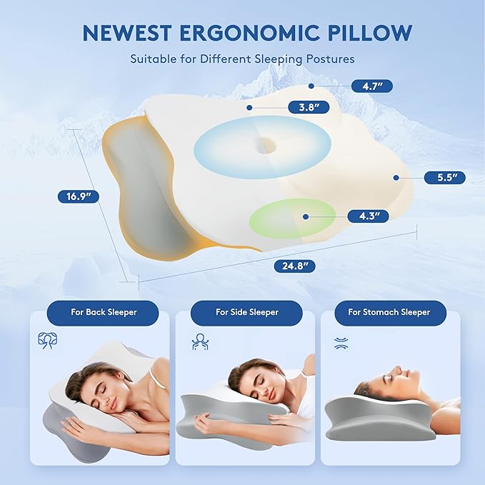 Cervical Pillow for Neck Pain Relief, Cooling Contour Memory Foam Pillows Support Odorless Ergonomic Neck Pillow Adjustable Orthopedic Bed Pillow for Side Back Stomach Sleeper with Pillowcase