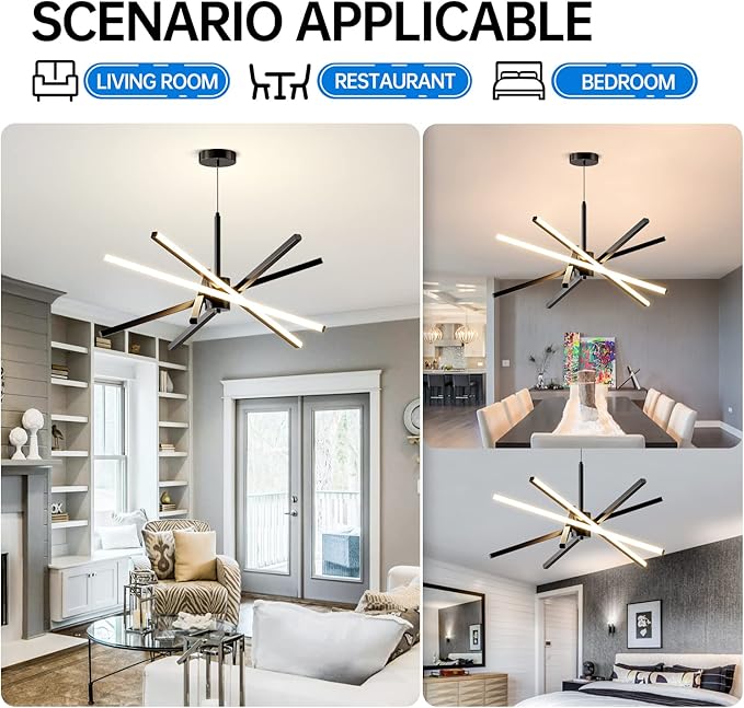 Modern Sputnik Chandelier Ceiling 82W LED Black Pendant Light Embedded Mount Chandeliers Dining Room Light Fixtures Over Table Dimmable with Remote Control for Living Room Kitchen Bedroom 31.5 inches