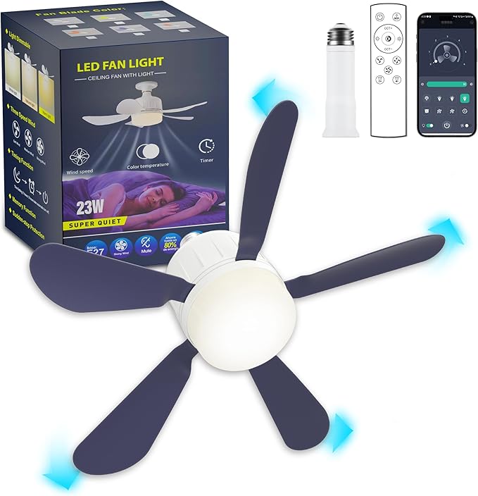 Socket Ceiling Fan Light with Remote: Ceiling Fans with Lights APP Control 3-Speeds 18in Screw in Light Socket Dimmable LED Silent E26/E27 Bulb Socket Small Fans for Bedroom Kitchen Bathroom Garage