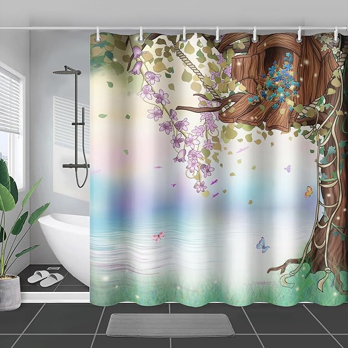 AILONEN Yellow Tree Leaves Shower Curtain,Botanical Floral Plants Vine Shower Curtain,Butterfly Floral Shower Curtain for Bathroom Decor Polyester Waterproof with Grommets and Hooks 36" W*72" H