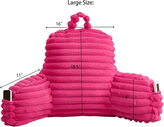 Faux Fur Fluffy Hot Pink Reading Pillow with Pockets, Luxury Striped Plush Decorative, Arm Rests and Back Surport for Bed Rest, Lounging on sofa, Large