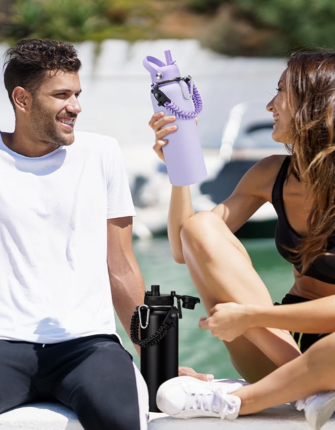 40/64oz Insulated Water Bottles with Straw - Paracord Handle & Strap Carrier, 40 oz Metal Flask Keep Cold 48Hrs, Vacuum Thermal Jug with Sling Bag for Sports Hiking Cycling Running
