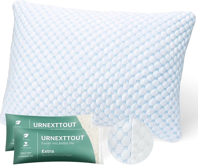 Shredded Memory Foam Pillows Pillow for Side Sleepers Cooling Pillows Stomach Sleeping Pillow Queen Pillow with 2 Extra FillBlue
