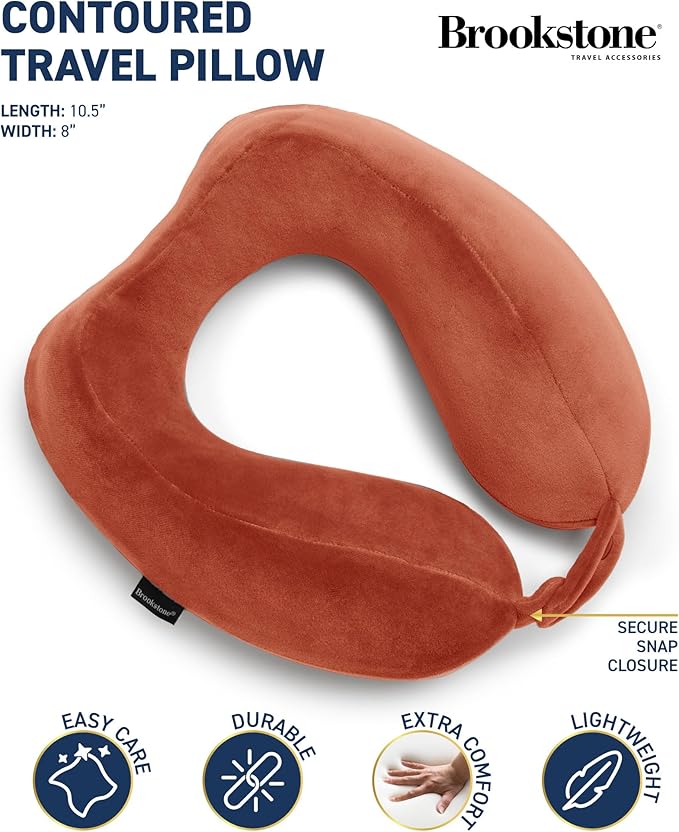Brookstone Contoured Memory Foam Head and Neck Travel Pillow Ergonomic and Lightweight, Terra Cotta