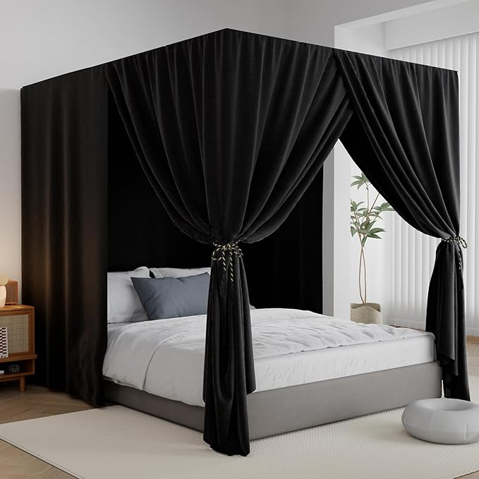 Black Canopy Bed Curtains - 4 Corner Post Bed Curtains Twin Lightproof Drapes Bed Canopy Curtains with Tie Backs for Adults & Girls Bedroom Decoration(Black,Twin)