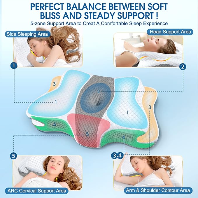 5X Pain Relief Cervical Pillow for Neck and Shoulder Support,Ear Piercing Pillow Design Cervical Memory Foam Pillows, Orthopedic Ergonomic Neck Pillow,Contour Bed Pillow for Side,Back,Stomach Sleeper…