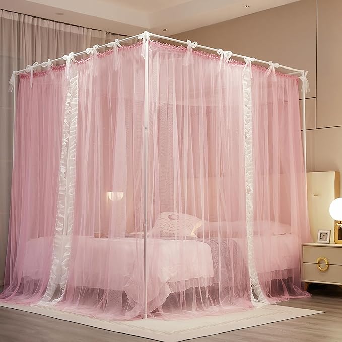 4 Corners Post Princess Curtain Bed Canopy Lace Up Double Layer 4 Opening Mosquito Net Mesh for Girls Bedroom Decoration(Pink/White, 64" W*82" L*82" H/Queen)
