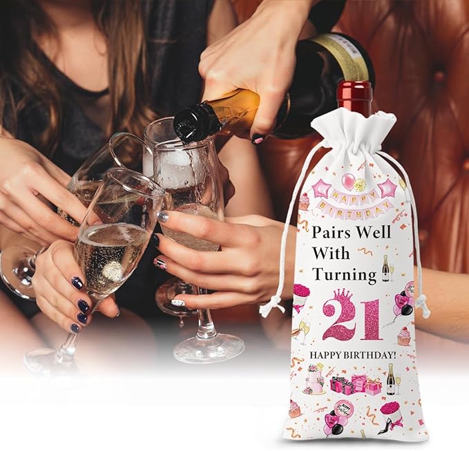 21st Birthday Gifts for Her Him Wine Bag, 21 Year Old Birthday Gifts for Her, Happy 21st Birthday Party Decorations for Her Him, Pairs Well with Turning 21 Wine Bags (White Pink)