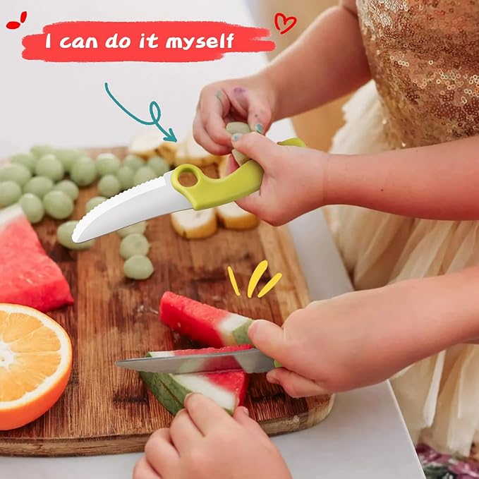 Kids Knife Set for Real Cooking 3 Pieces Set with Educational Ring, Rounded Tip, Toddler Safe Montessori Knife for Cutting Training