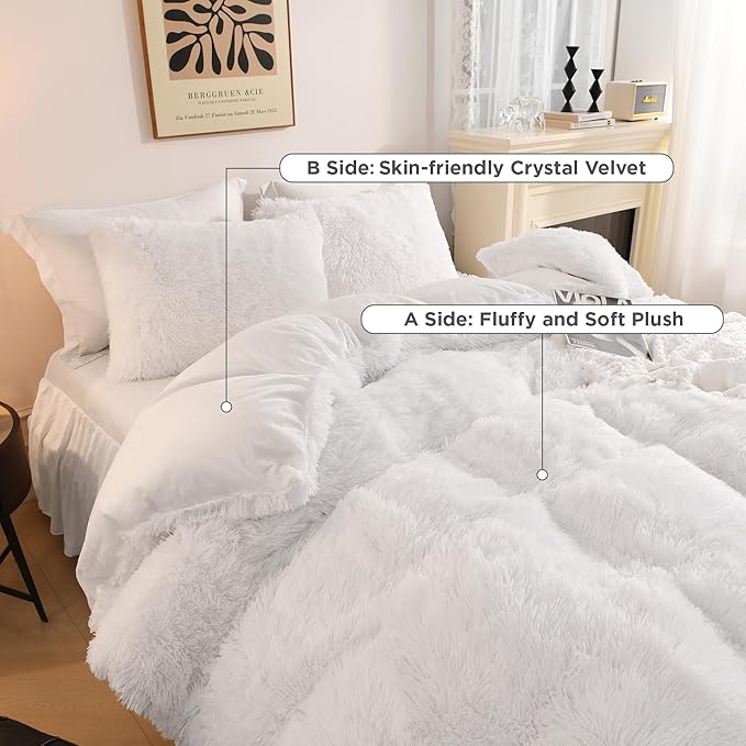 Litanika White Fluffy Comforter Full Size, Luxury Shaggy Plush Fuzzy Bedding Set for Full Bed, Ultra Soft Warm Velvet Comforter 3 Pieces(1 Faux Fur Comforter 79×90 Inch, 2 Pillowcases)