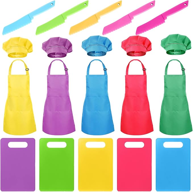 Sratte 20 Pcs Kids Apron and Chef Hat Set Kids Plastic Knife Set with Cutting Board, 5 Toddler Apron 5 Chef Hat 5 Kid Safe Knives 5 Kids Chopping Board for Baking Cooking Club, Preschool Class