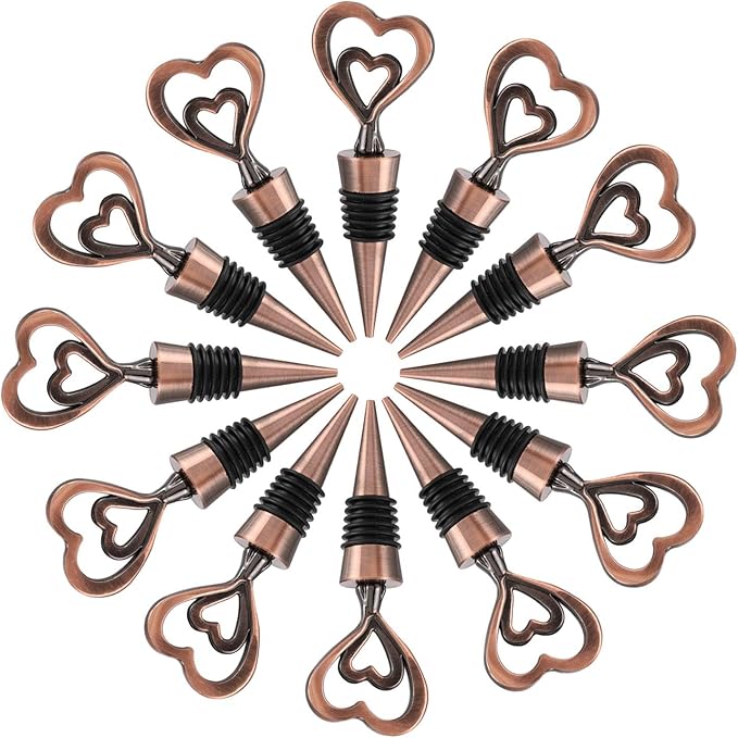 24PCS Double Heart Shape and Beverage Wine Bottle Stoppers Love Design Wine Caps Reusable Plug Keep Wine Fresh for Wedding Birthday Baby Shower Gifts for Guests (24,Bronze Heart)