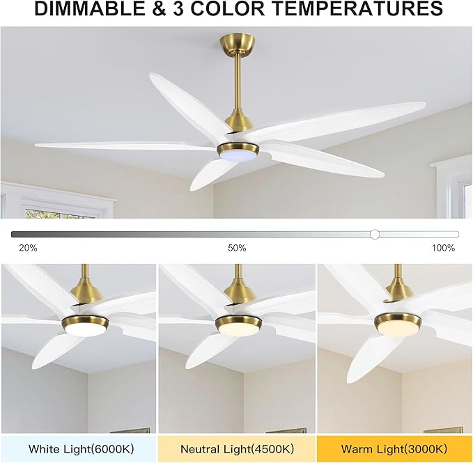 64 Inch Modern Ceiling Fan with Lights and Remote, 5 Wood Blades, 6-Speed Noiseless Reversible DC Motor with Replaceable Downrods for Bedroom Living Room Dining Room, Gold and White